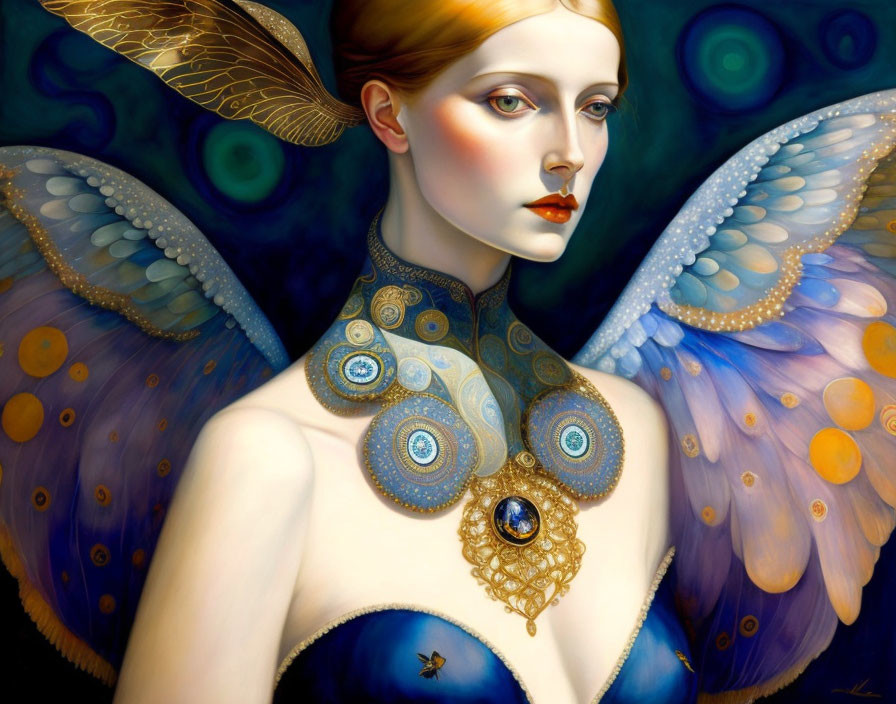 Fantastical figure with butterfly wings and jeweled peacock motif.