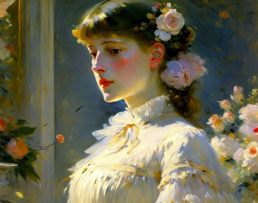 Portrait of young woman with flowers in hair and soft light illumination