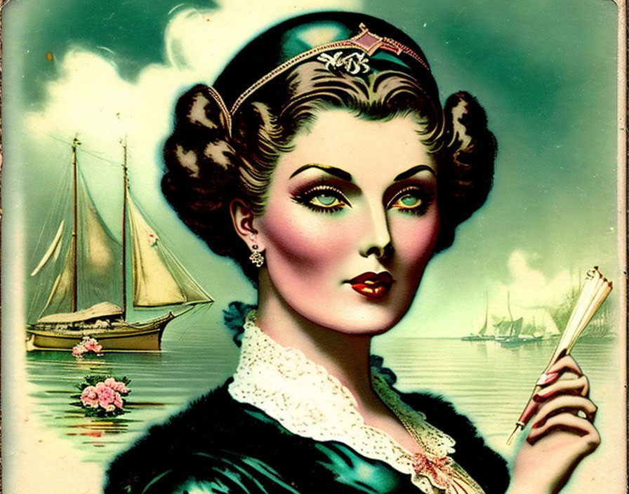 Elegant vintage illustration of woman with headscarf and letter among sailing ships and flowers