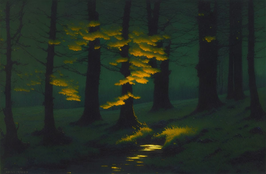 Luminescent yellow foliage in nocturnal forest scene