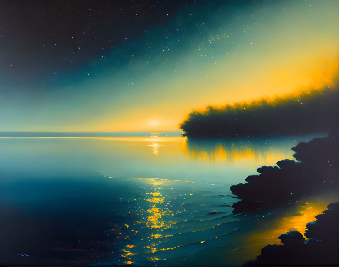 Twilight seascape with setting sun and starry sky