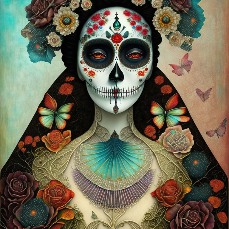 Colorful sugar skull makeup on female figure with floral headpiece and fan collar, surrounded by butterflies