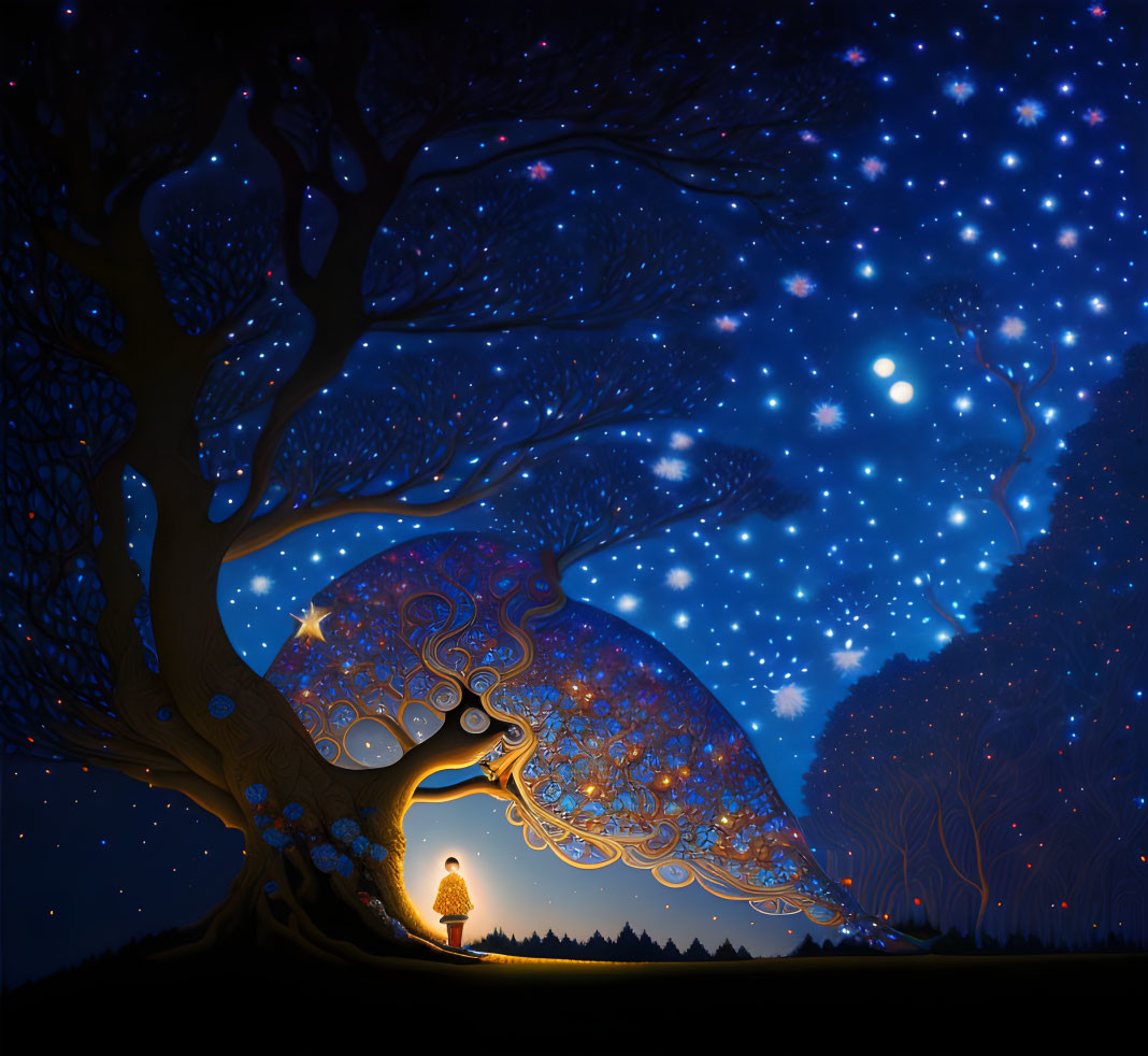 Person standing under large tree with intricate branches under starry night sky