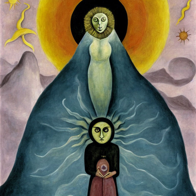 Surreal painting: Large figure with sun-face holding smaller figure with moon-face in abstract landscape