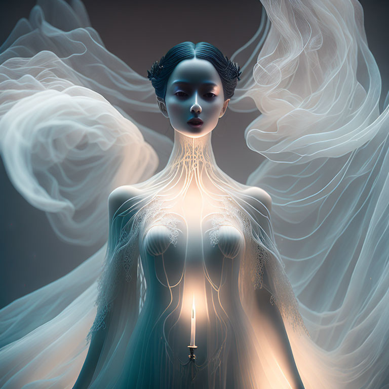 Surreal illustration of woman with ethereal glow and flowing white tendrils