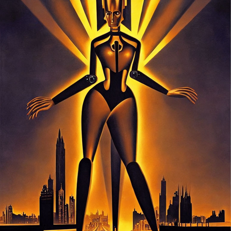 Futuristic humanoid figure with glowing aura in city skyline at dusk