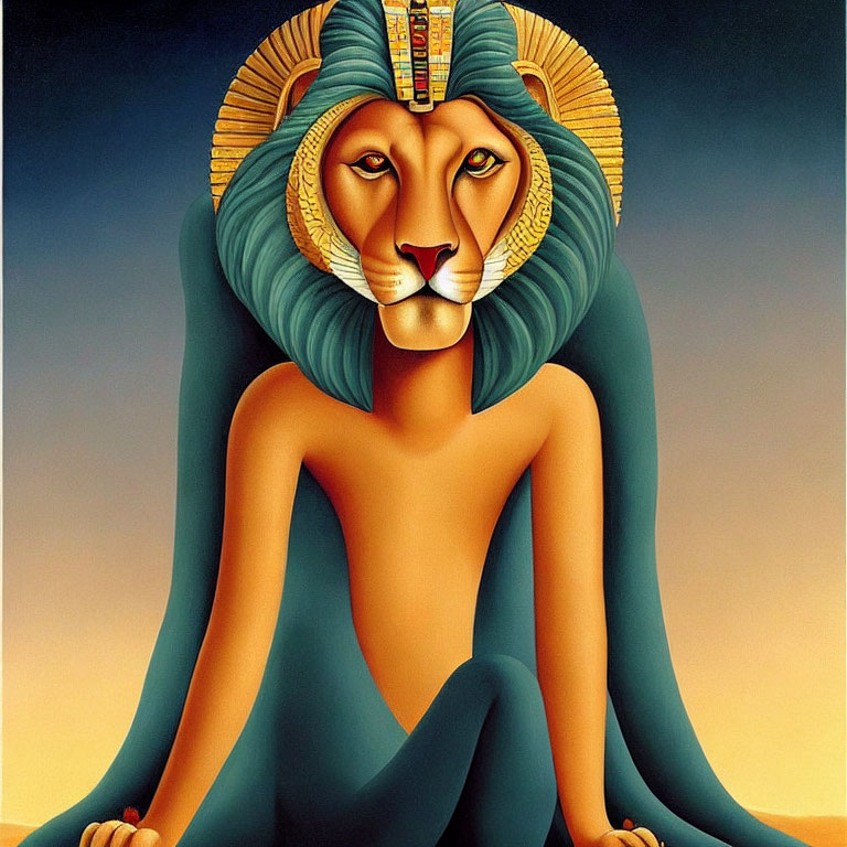 Illustration of lion-headed figure in Egyptian headdress sitting in desert