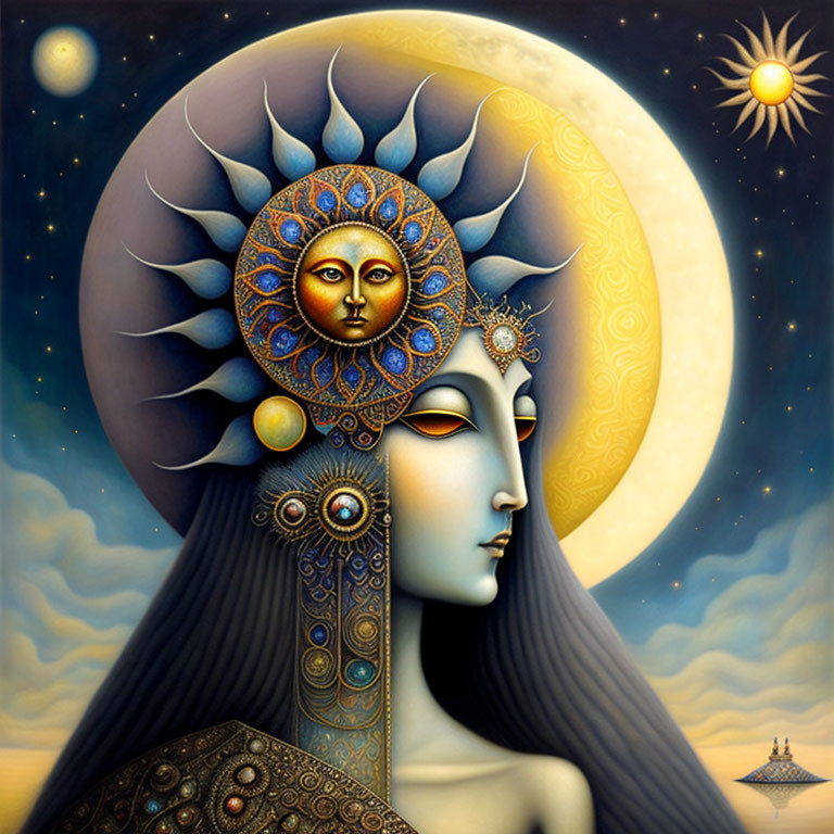 Illustration of woman with cosmic sun-moon headpiece in starry night sky