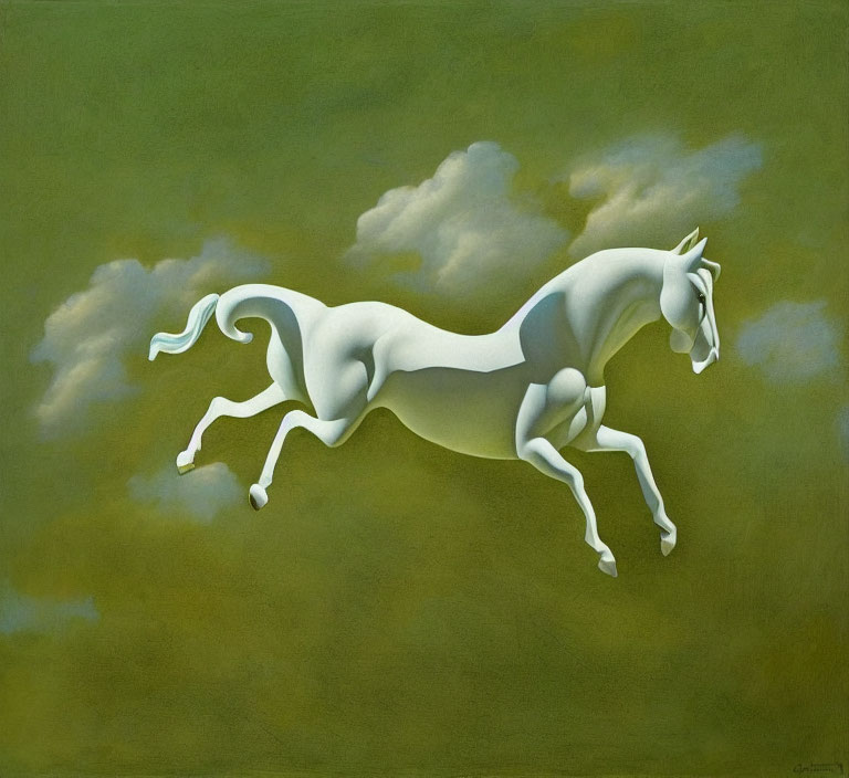 Stylized white horse painting with surreal elements