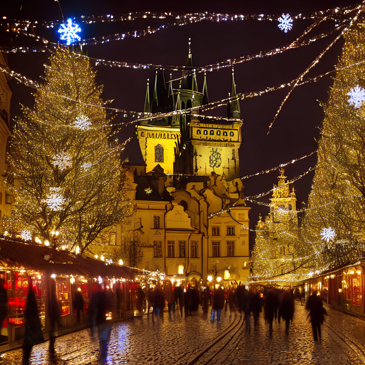 Festive market with people and decorations at night