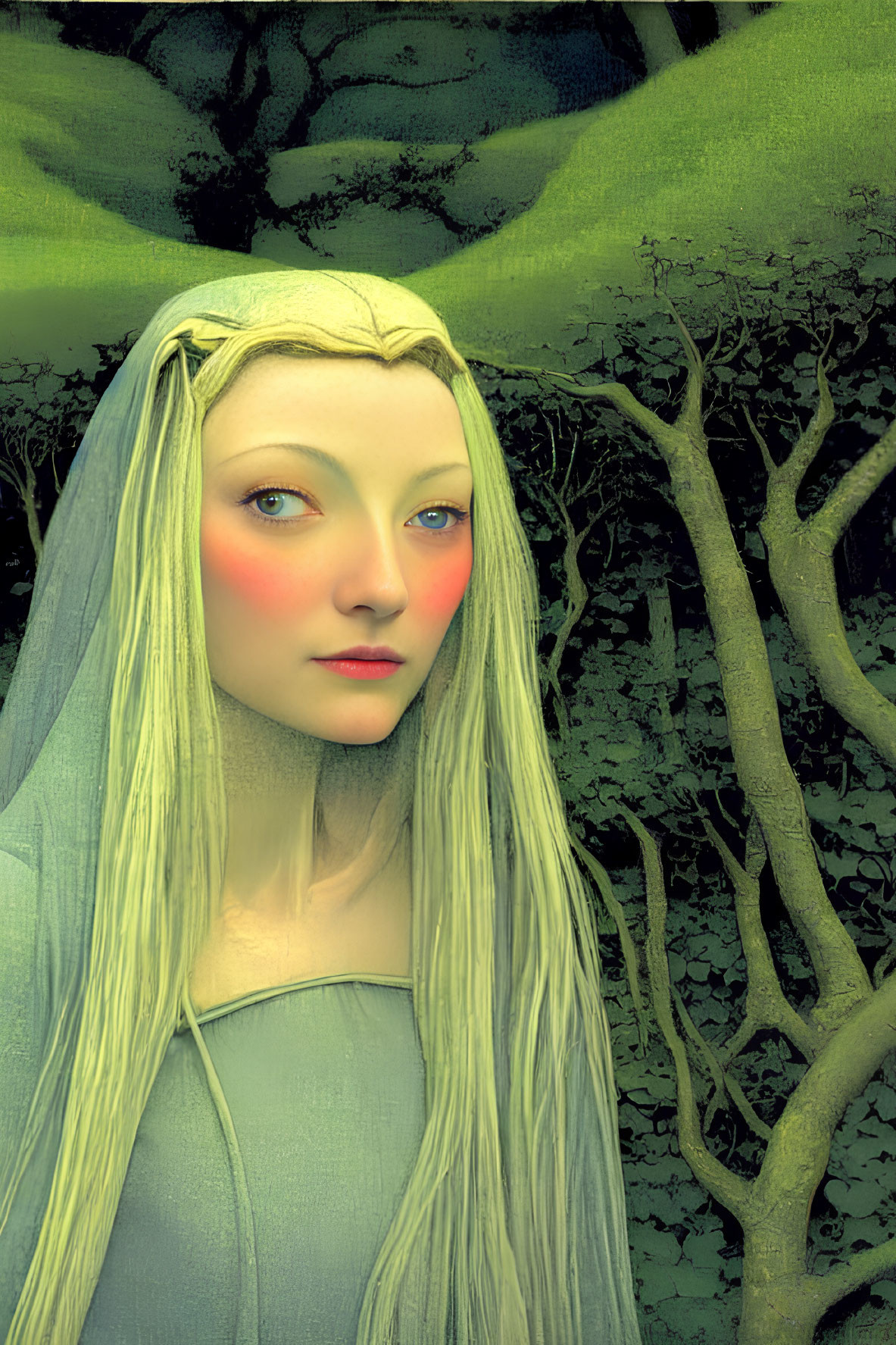 Ethereal woman with pale skin and red cheeks in enchanted forest