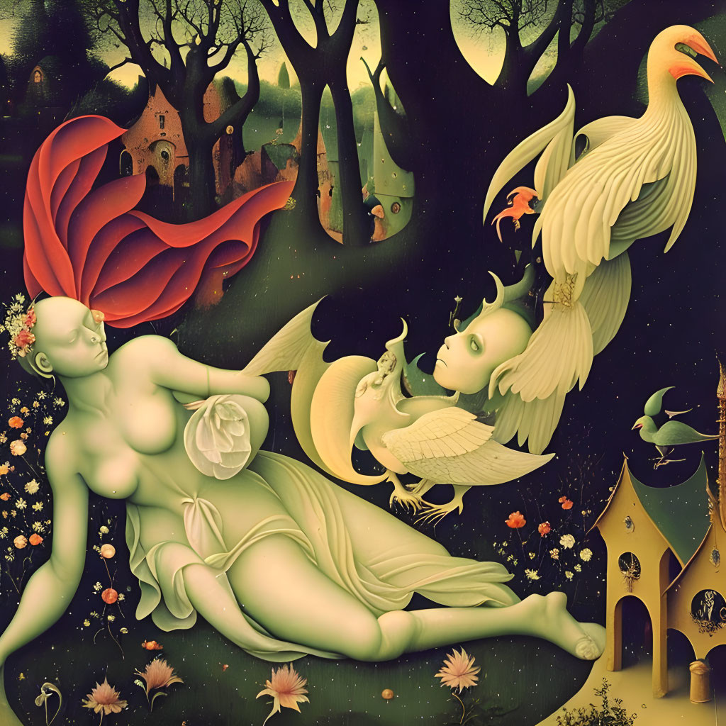 Surreal artwork of nude female with bird head among cranes in whimsical forest