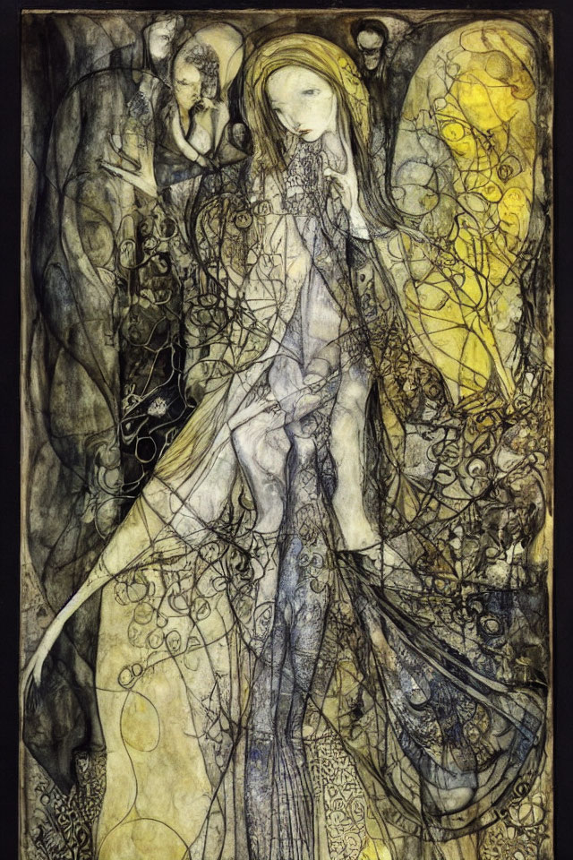 Ethereal woman in Art Nouveau style with flowing hair and gown surrounded by intricate patterns