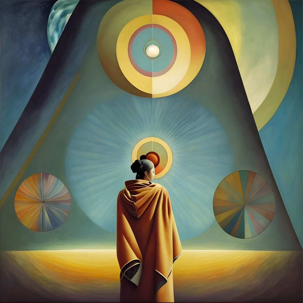 Person in Yellow Cloak Contemplates Surreal Circle Landscape