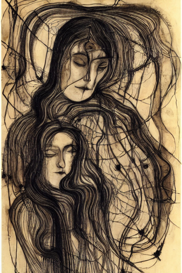 Intertwined figures sketch with intricate, flowing hair lines.