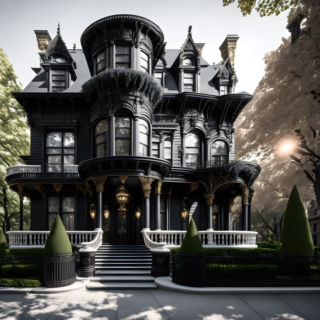 Elaborate Gothic-style black mansion with intricate woodwork and large bay windows