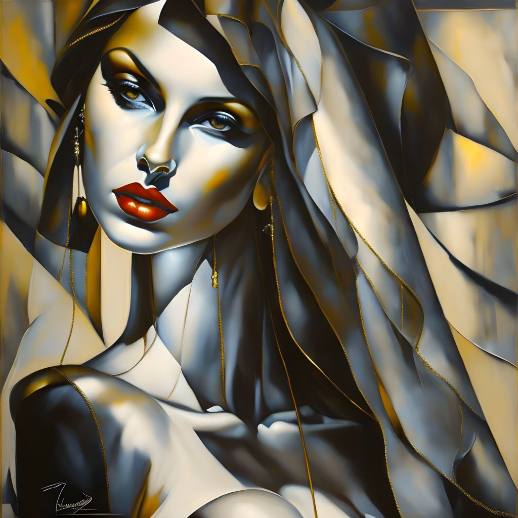 Detailed artistic illustration of a woman with red lips and dramatic shadows on gold and black background