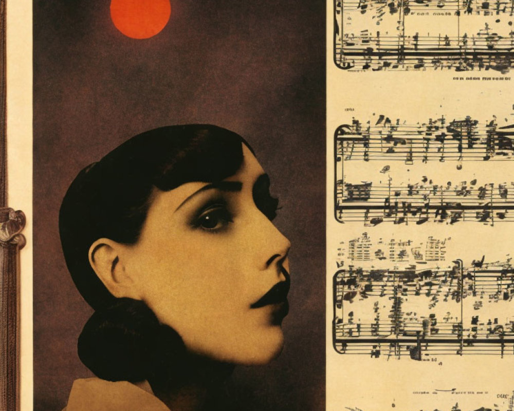 Vintage woman profile with red circle above on musical notes background