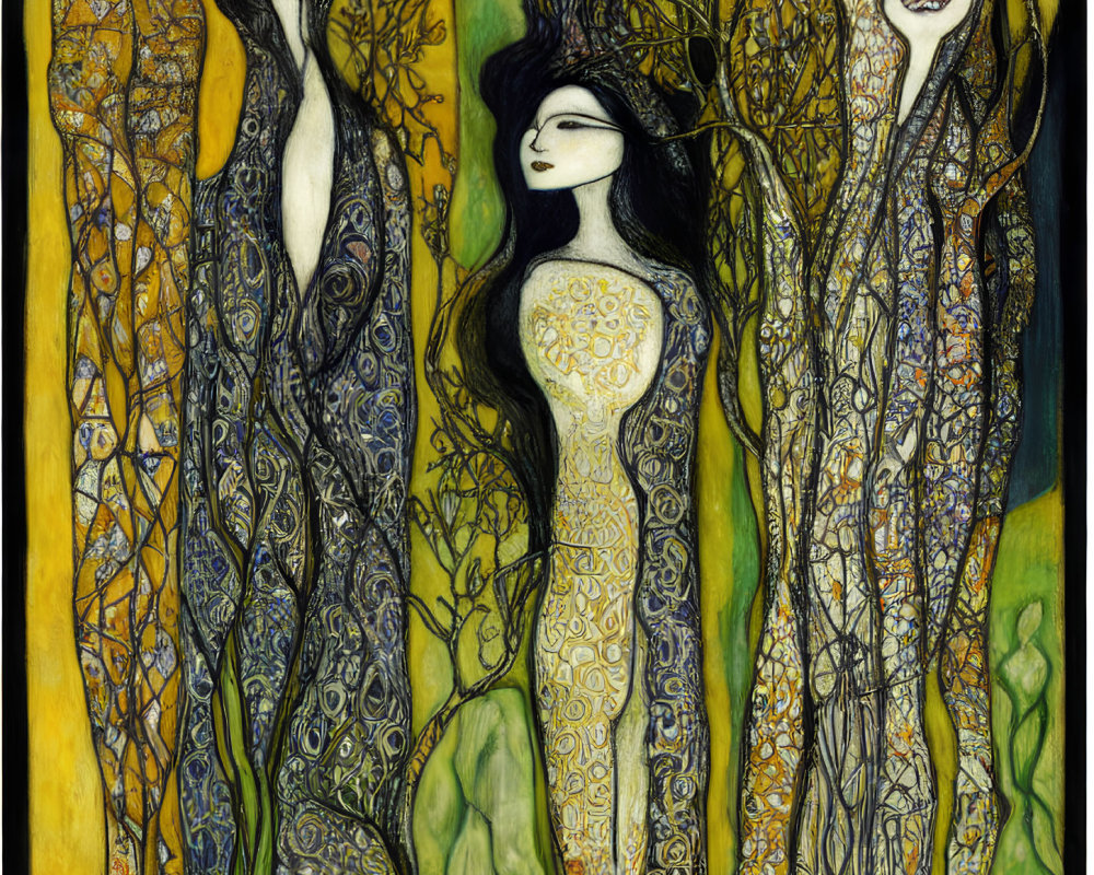 Elongated Female Figures in Art Nouveau Style Painting