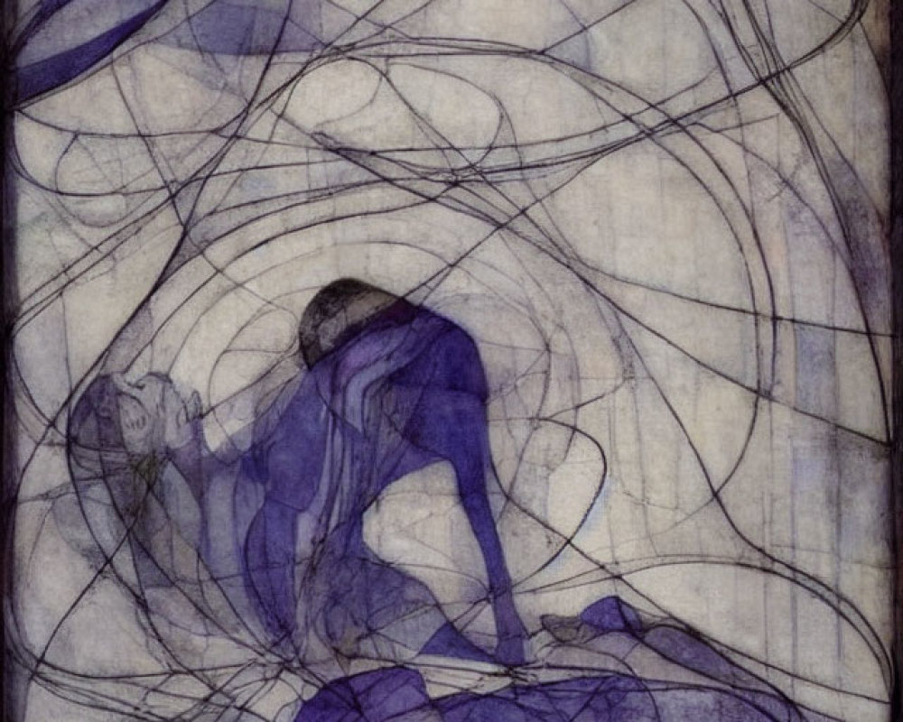 Ethereal figure enveloped in swirling blue lines on aged parchment.