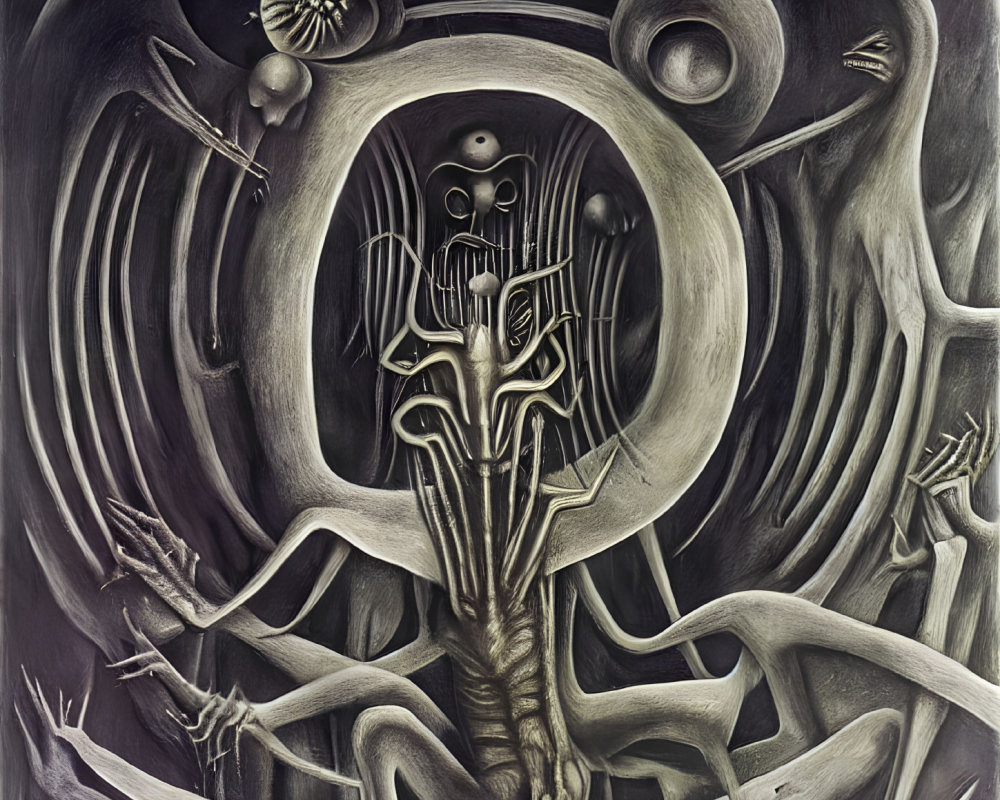 Surrealistic Painting: Skeletal Figures, Abstract Forms, and Humanoid Creature in Eerie