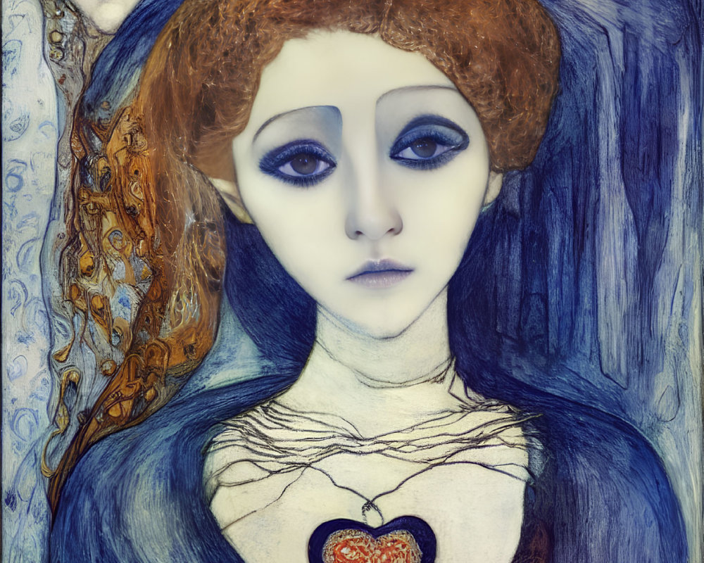 Portrait of a Woman with Blue Eyes and Red Heart in Intricate Surroundings