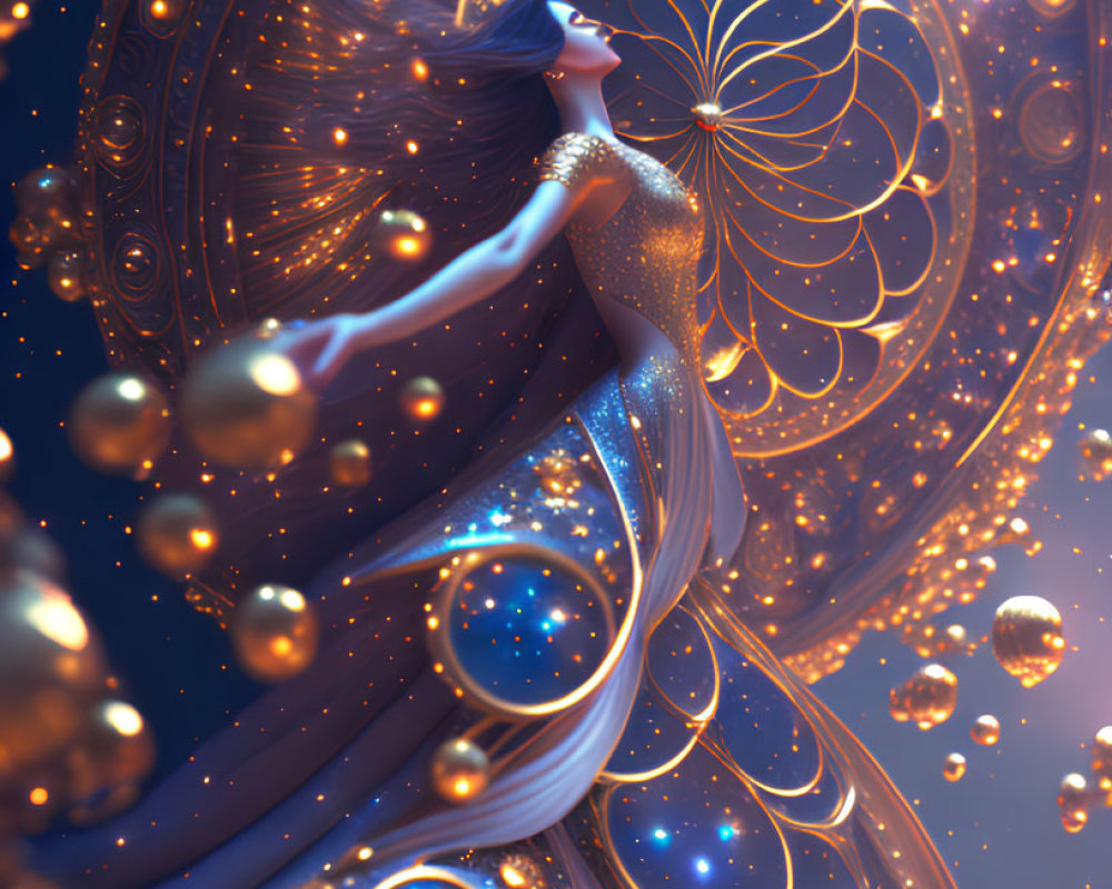 Surreal woman illustration with flowing hair and golden patterns