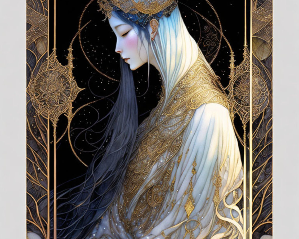 Ethereal illustration of woman with long hair and golden headdress against starry backdrop