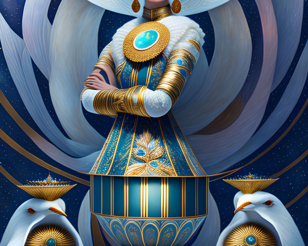 Regal figure in Egyptian attire with gold and blue, surrounded by white birds on cosmic backdrop