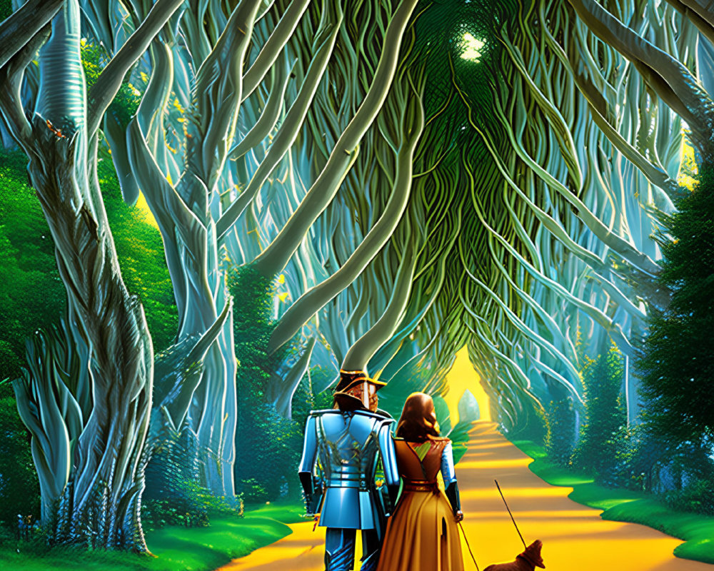 Man in tin armor and girl with small dog on yellow brick road in enchanted forest