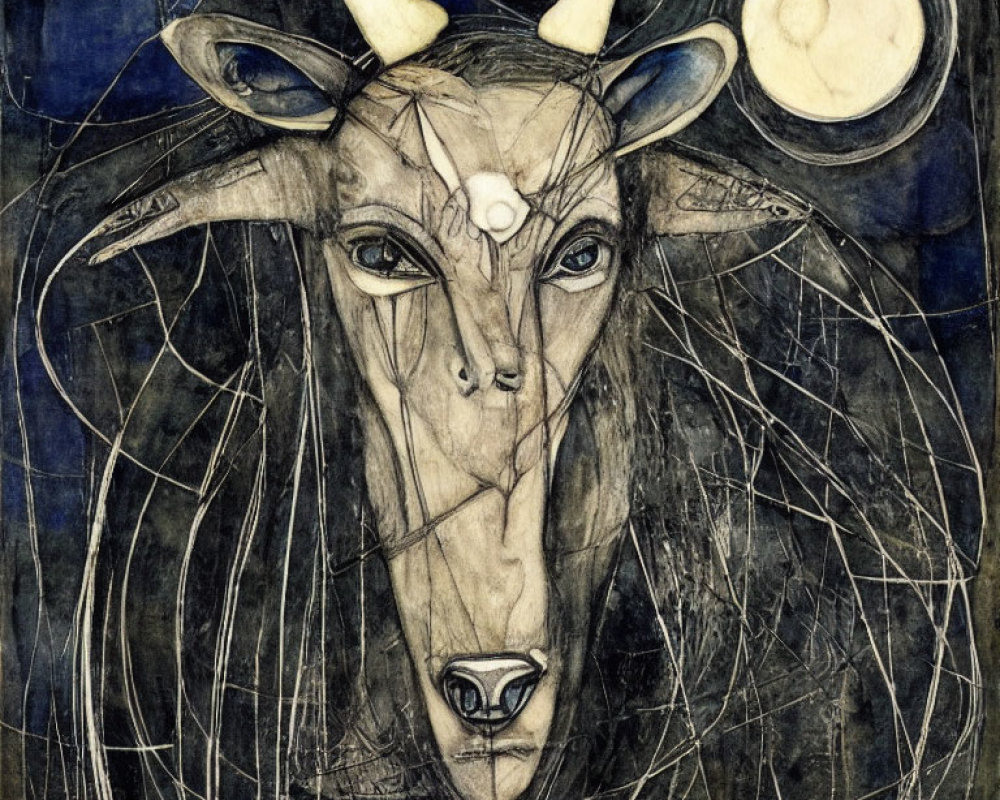 Mystical goat head with third eye and horns on moonlit backdrop