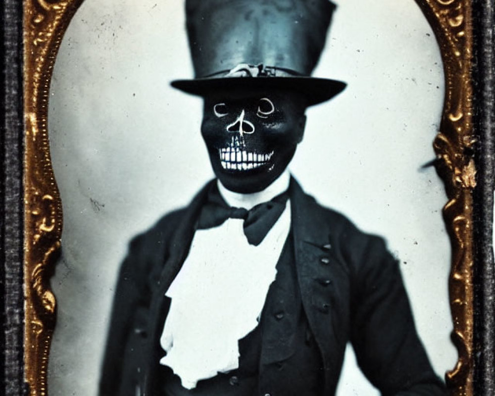 Person with skull face paint in vintage-style attire and top hat. Gothic aesthetic.