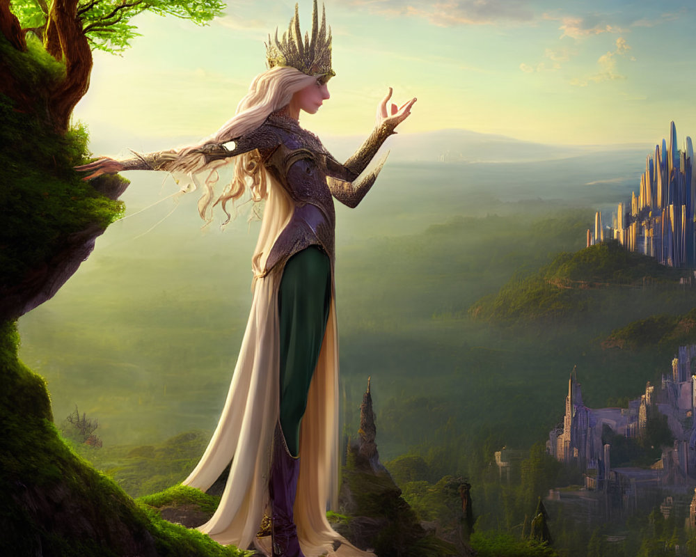 Ethereal elf queen in ornate armor on cliff with fantasy landscape