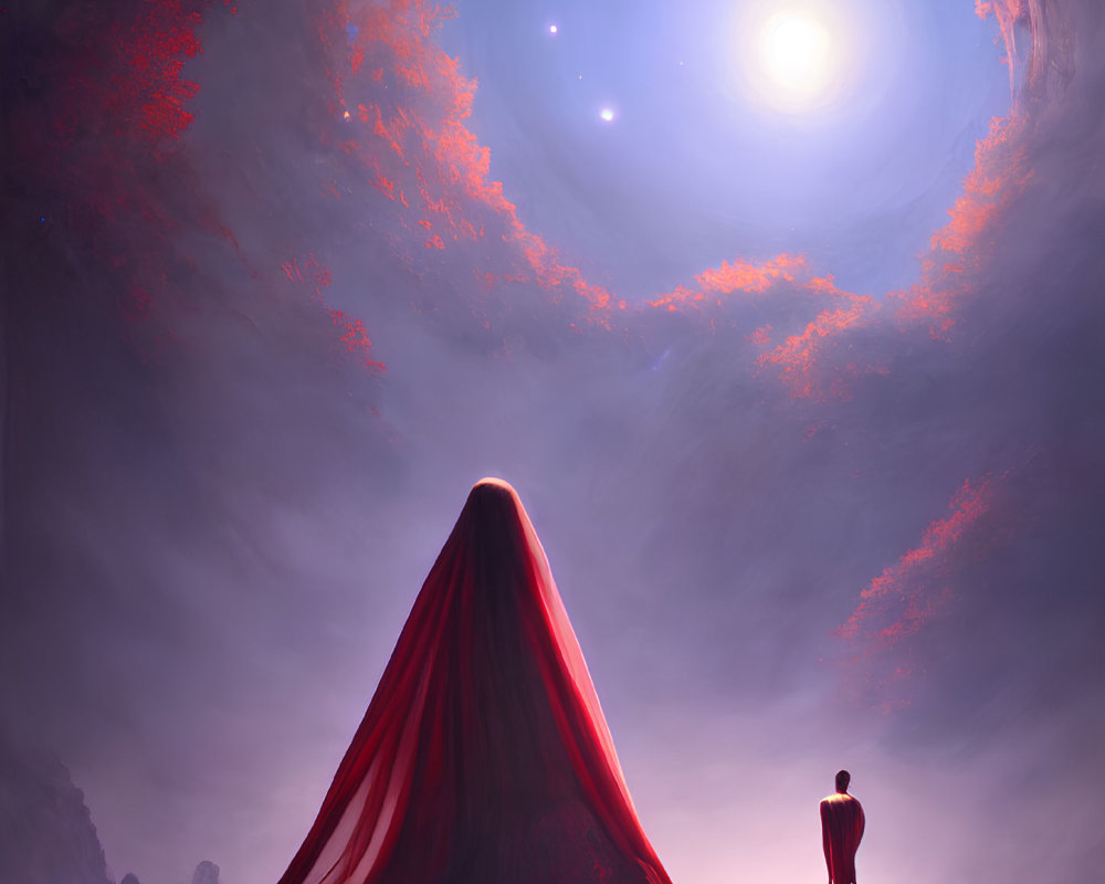 Solitary figure before majestic red mountain under swirling purple sky