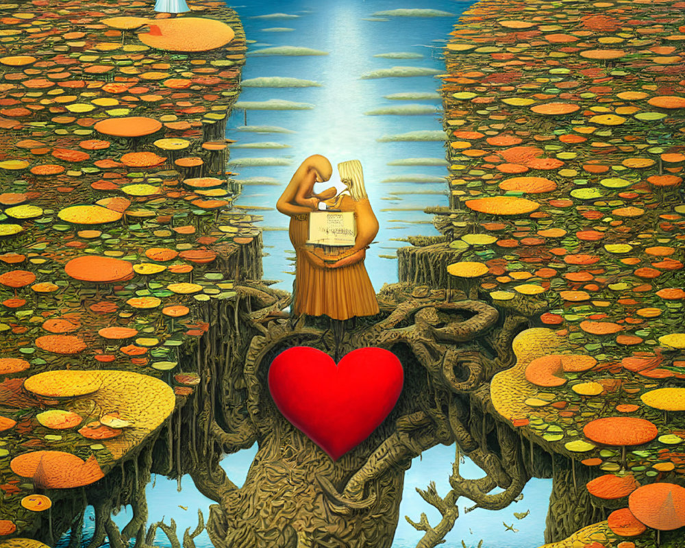 Surreal artwork: Heart-shaped tree, woman reading, lily pads, figures on cliffs