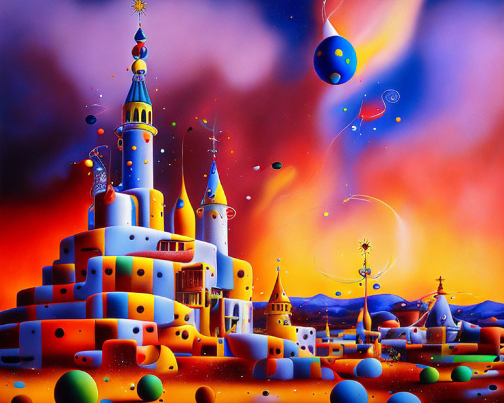 Whimsical painting of colorful castle under twilight sky