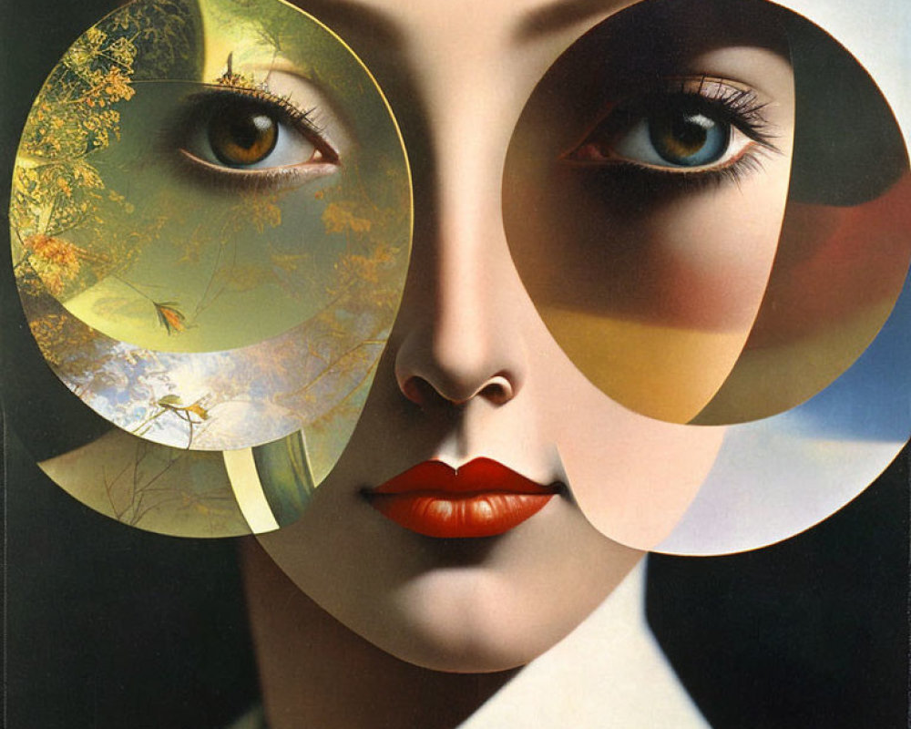 Surreal Artwork: Woman's Face with Geometrical Eye Shapes, Nature & Abstract Elements