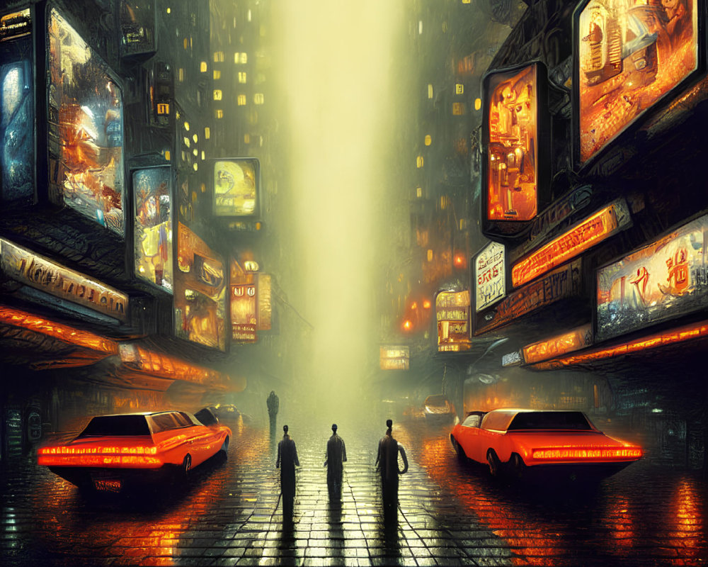 Futuristic night cityscape with glowing billboards, people, and hover cars