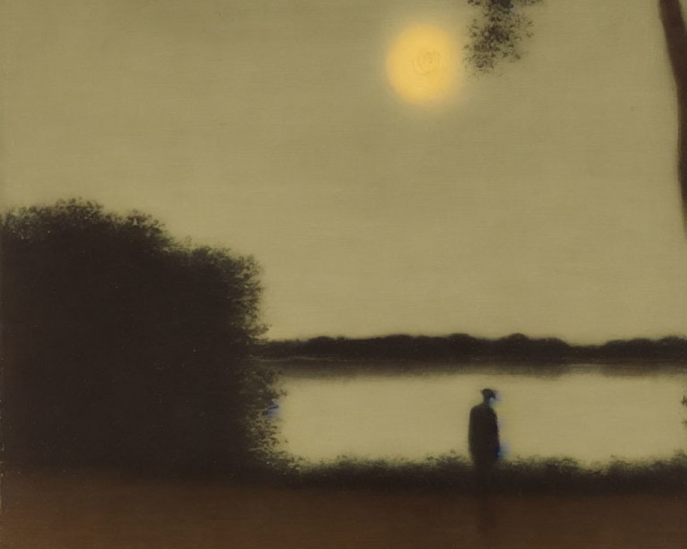 Solitary Figure by Water Under Full Moon