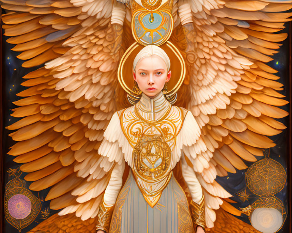 Digital Artwork: Angelic Figure with Multiple Wings and Halo