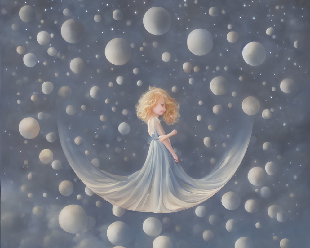 Blond girl in blue dress floating among spheres on celestial background