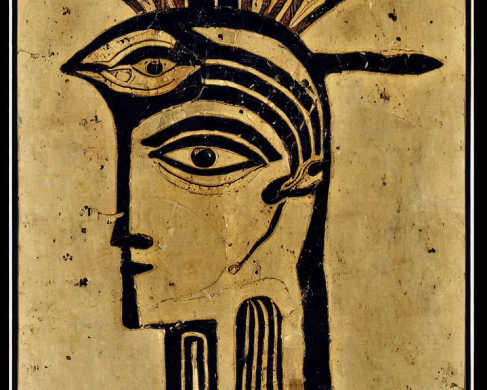 Ancient Egyptian deity profile drawing with headdress and stylized features