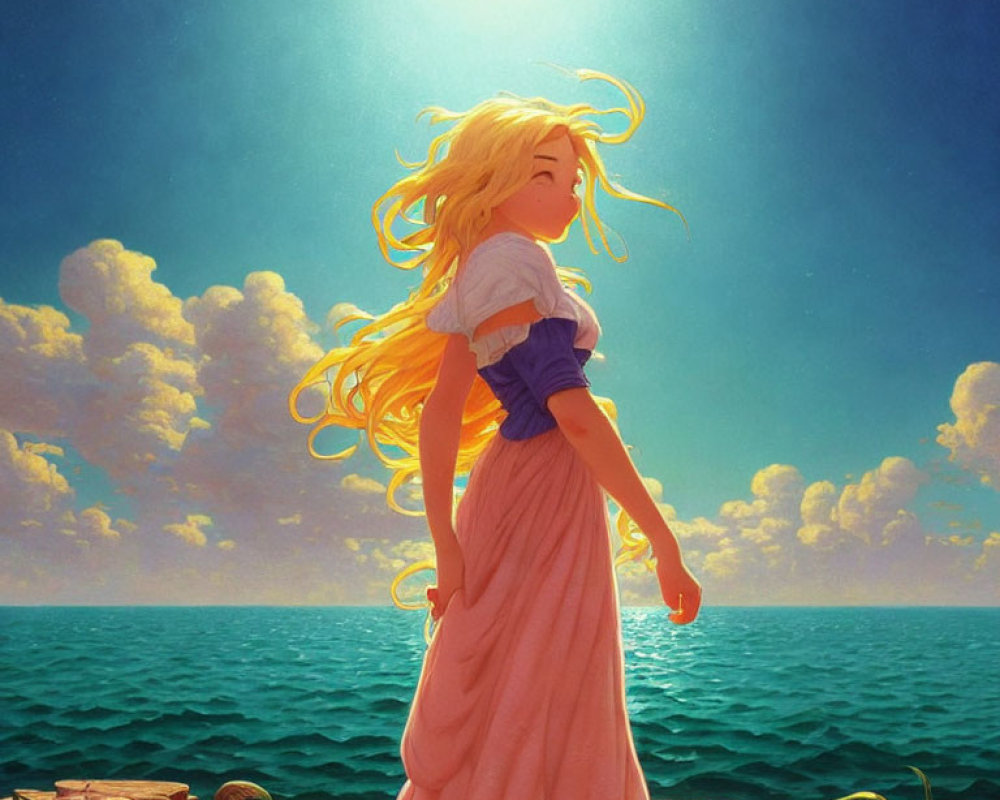 Blonde woman in pink skirt on seaside cliff under blue sky