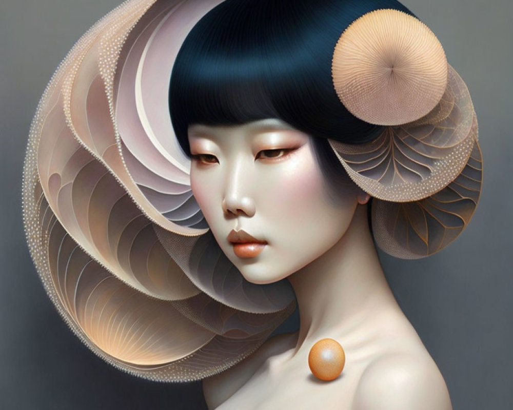 Digital Artwork: Woman with Shell-Like Headdress and Bob Haircut