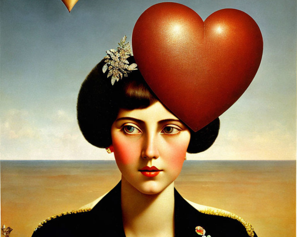 Surreal portrait of a woman with heart-shaped head and vintage style