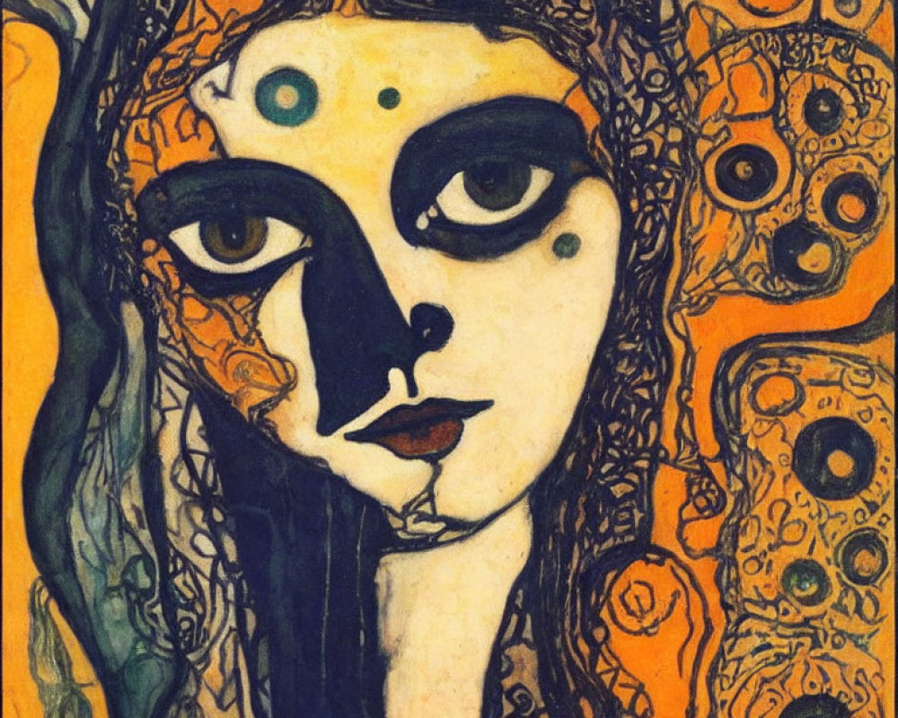 Stylized portrait of female face with prominent eyes and decorative background