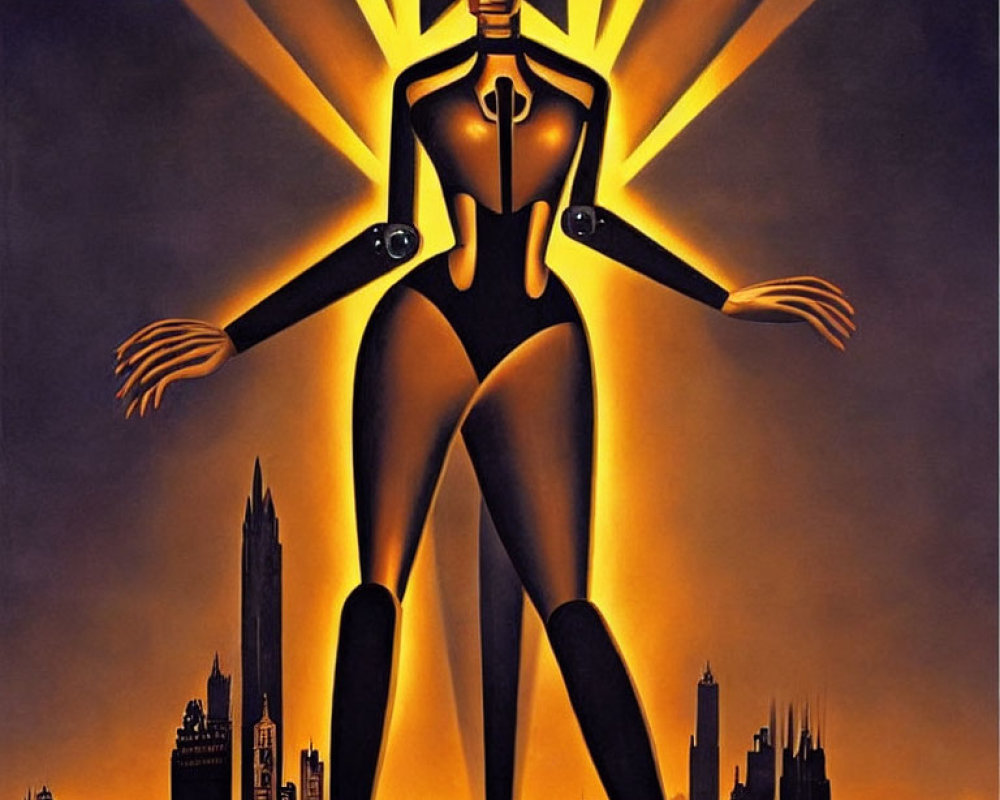 Futuristic humanoid figure with glowing aura in city skyline at dusk