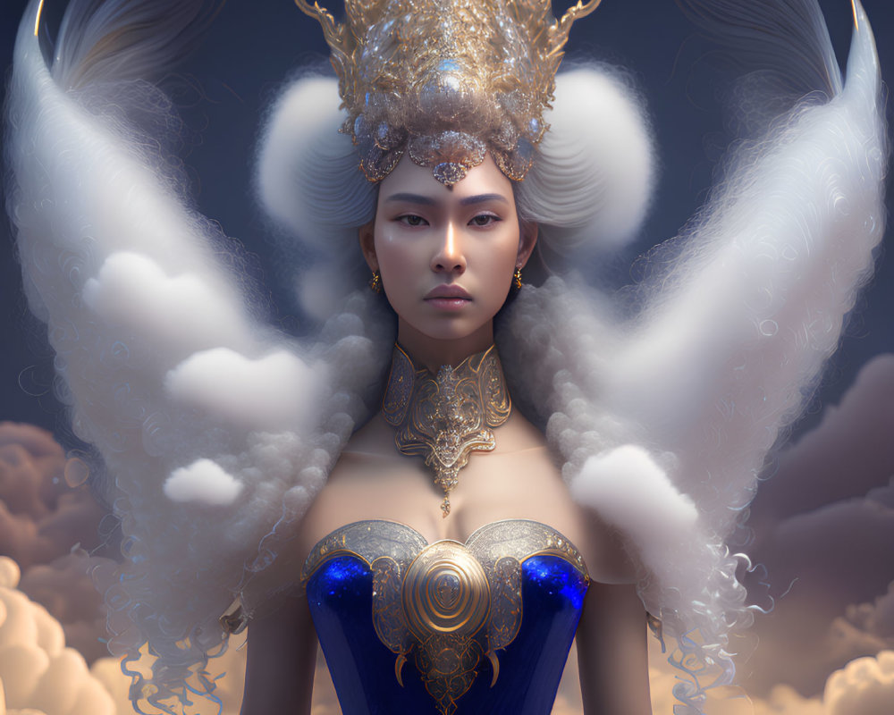 Mystical figure with golden headgear, piercing gaze, surrounded by clouds and wings