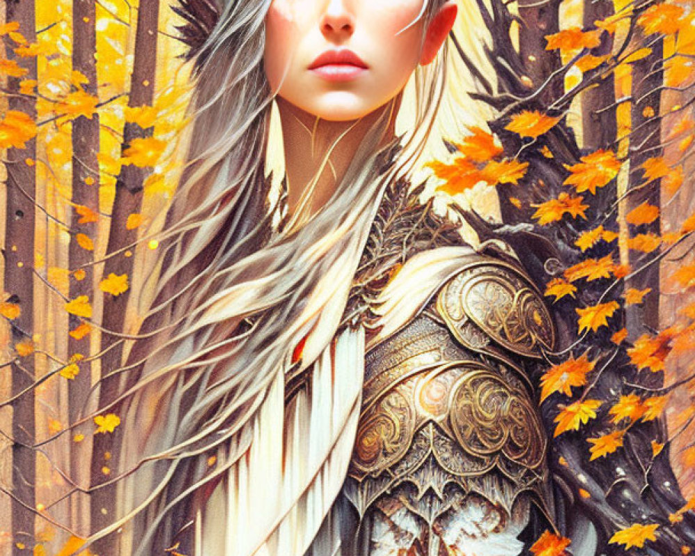 Elven queen with crown in golden autumn forest