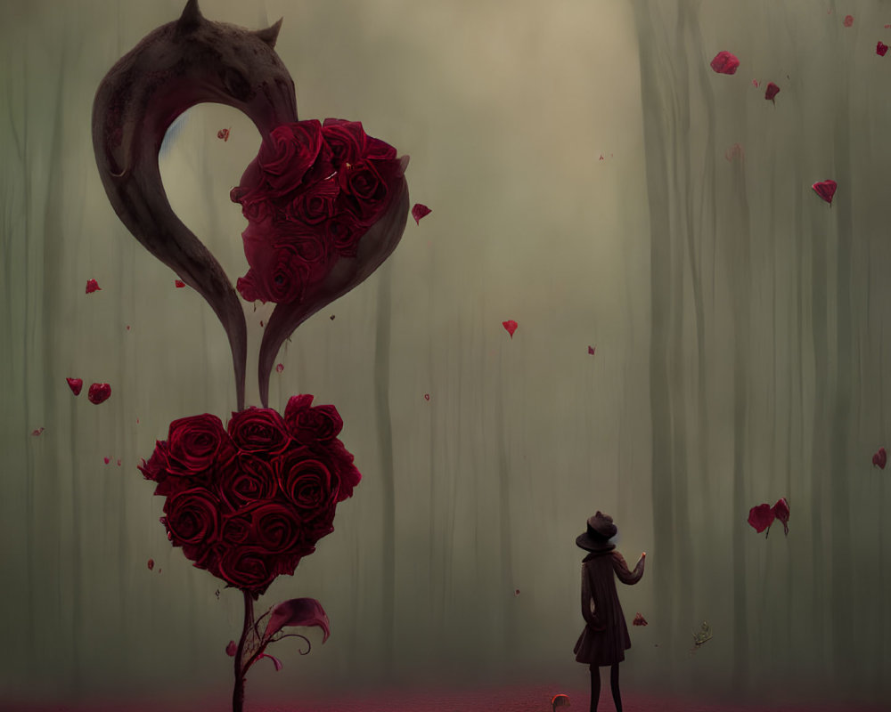 Person in Hat in Surreal Forest with Heart-Shaped Roses and Cat-Like Tail